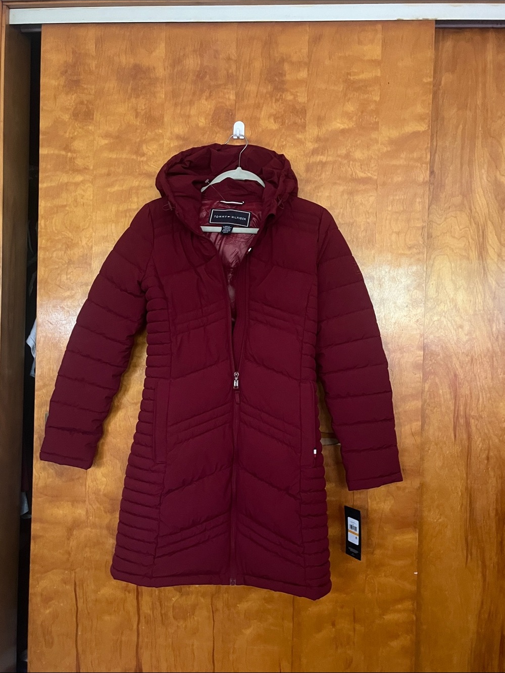 Calvin Klein Burgundy Quilted Hooded Long Puffer Coat